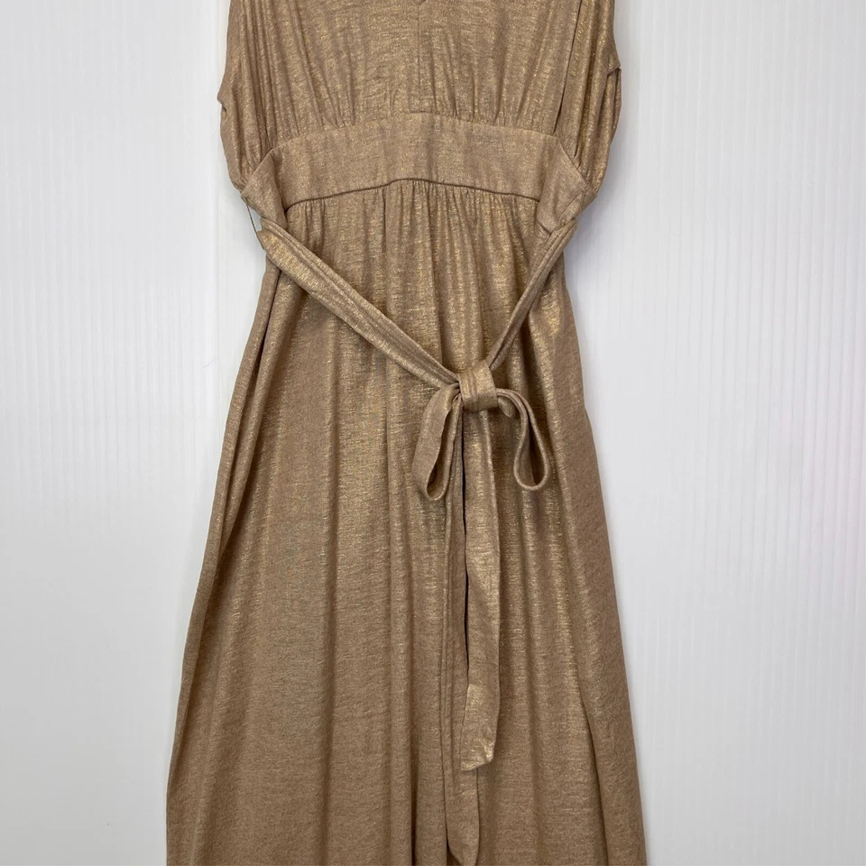 Vestido Tibi Mujer 6 Lino Maxi Dorado Brillo Cinturón Imperio Cuello en V Fiesta Resort Core Foto 3 de 4