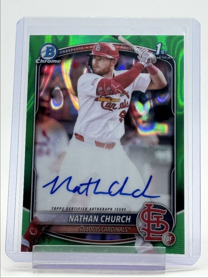 NATHAN CHURCH 2025 BOWMAN CHROME 1ST GREEN LAVA REFRACTOR AUTO /99 Q5451