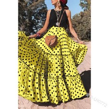 Spring Summer New High Waist Polka Dot Printed Long Skirt Beach Big Hem Boho Ski