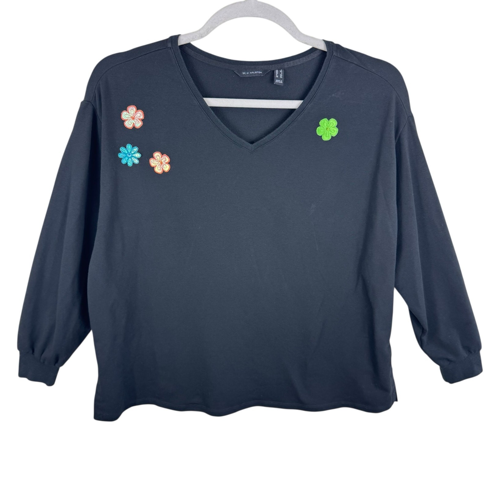 H By Halston Cotton Blend Black Long Sleeve V-Neck Floral Patch Pullover Top L