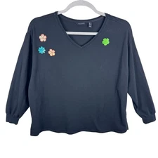 H By Halston Cotton Blend Black Long Sleeve V-Neck Floral Patch Pullover Top L
