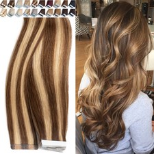 Tape in Human Hair Extensions Invisible Stick Glue Skin Weft Remy Hair Highlight