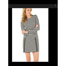 Michael Kors Black and White Striped Long-Sleeve Mini Dress