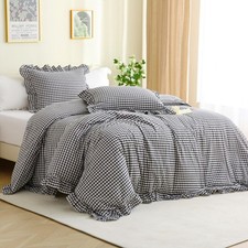 Silnuo Black/White Checkered Ruffle 3-Piece Duvet Cover Set Twin Sizewashed