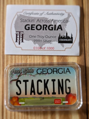 Stacking Across America Georgia Colorized License Plate 1oz Silver Bar #108