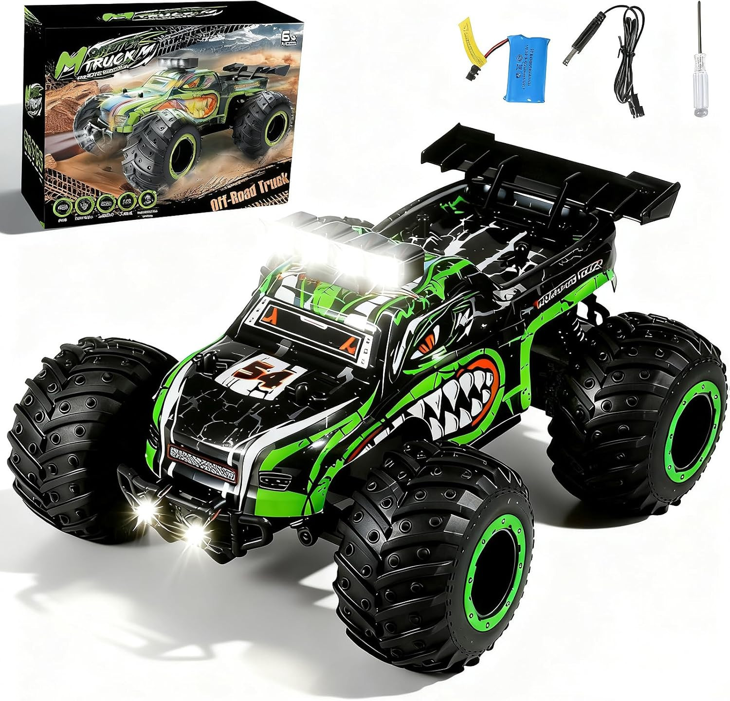 Remote Control Monster Truck for Kids: Off-Road RC Car with Headlights & Body Li