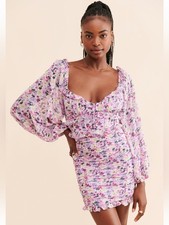 ASTR The Label Floral Ruched Puff Sleeve Mini Dress Purple Sz L Fairy Whimsical