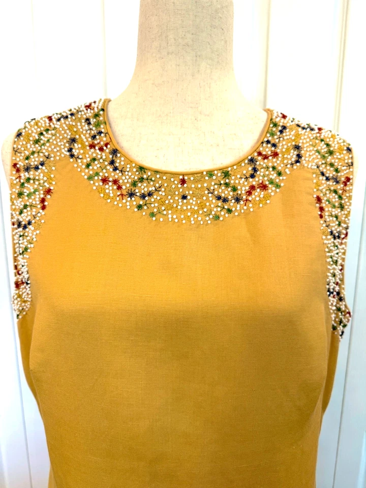 Vestido Donna Morgan, Mezcla de Lino Talla 16, Cuentas Tropicales, Sin Mangas Foto 3 de 4