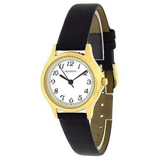 Image of Sekonda Ladies Basic Gold Plated White Dial Black Leather Strap Watch | 4134