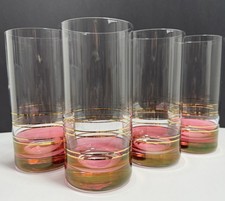 Vintage Set of 4 Cranberry Blendo Glass Co. Ice Tea Glasses W/ Gold Trim Nice