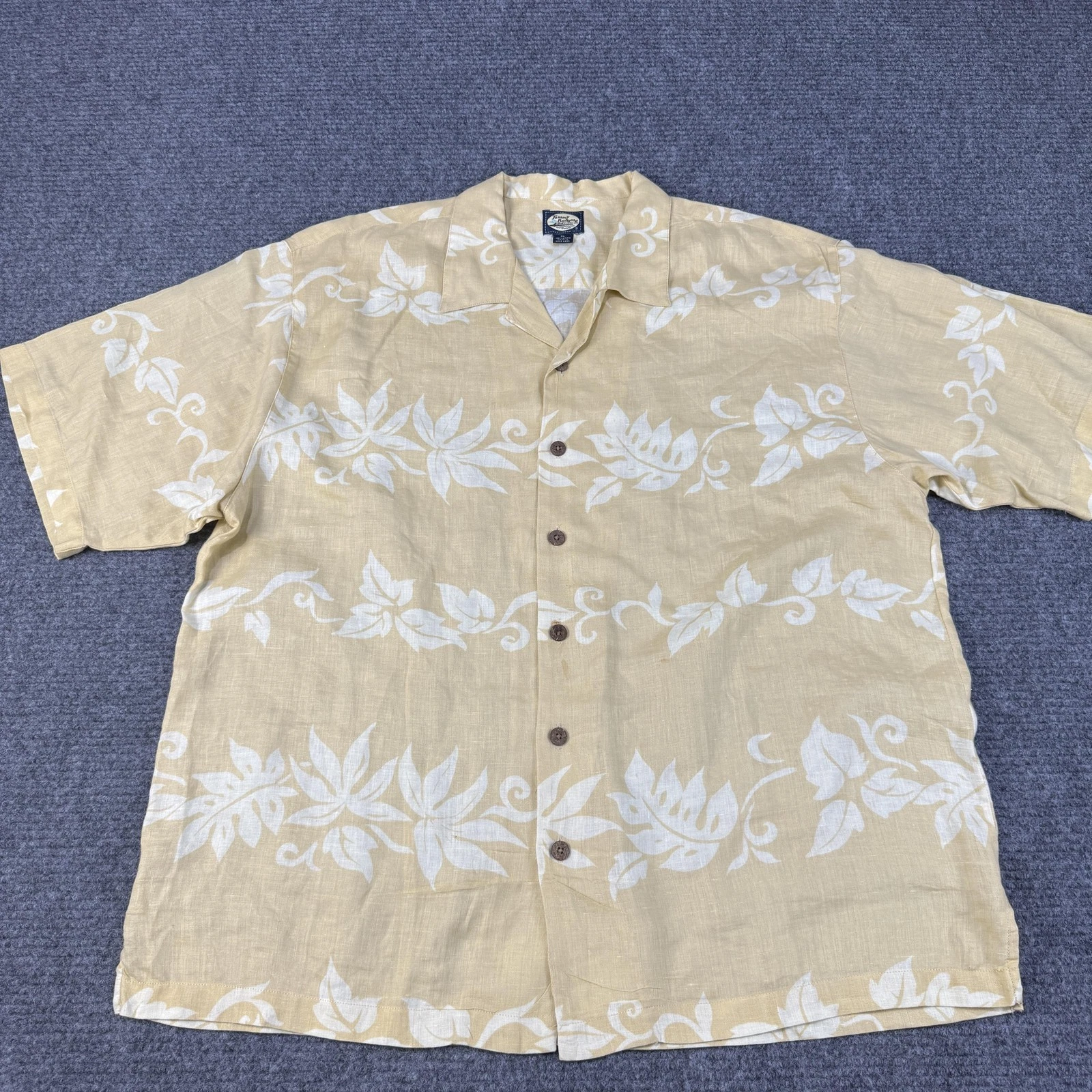 Tommy Bahama Shirt Mens XL Tan Linen Hawaiian Floral Short Sleeve Button Front