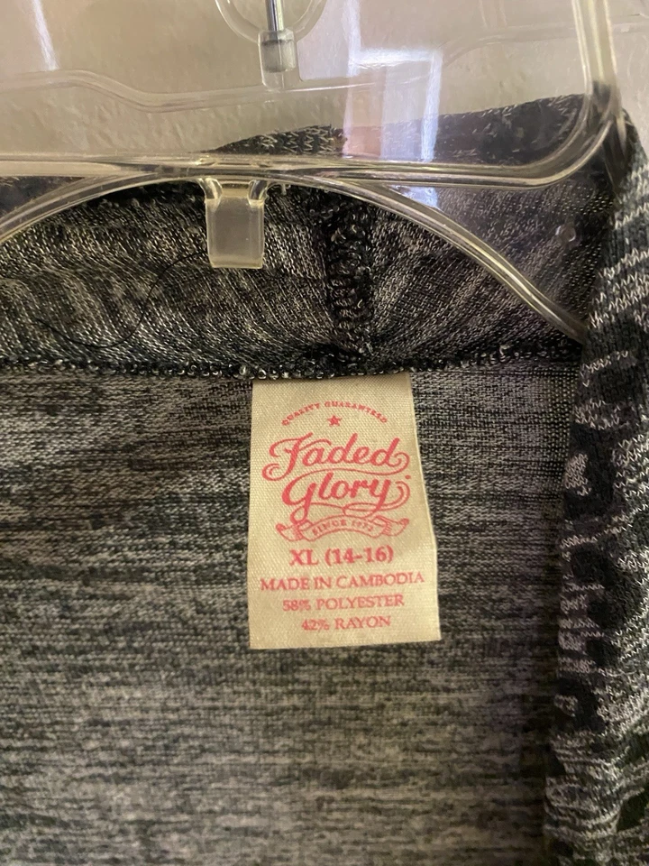 Cárdigan para niña Faded Glory L grande 14 16 busto de guepardo negro y gris 30” 32” abierto Foto 2 de 4