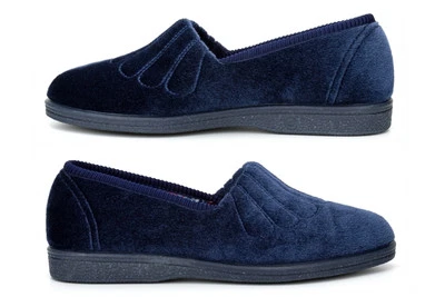 SLEEPERS Damen Wide Fit Hausschuhe Damenpantoffeln Slipper Fächergenähte Gummisohle Navy