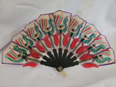 Vtg 1950s Indonesian Pierced Vellum Rooster Design Hand Fan Colorful Collectible