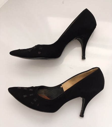 Vintage 50s Pumps Step Black Suede Pinup Stiletto 7M - Picture 2 of 6