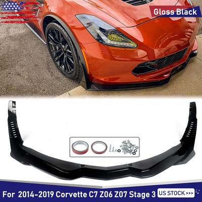 Front Lip Splitter Fits 14~19 Chevrolet Corvette C7 Stingray Stage 3 Gloss Black