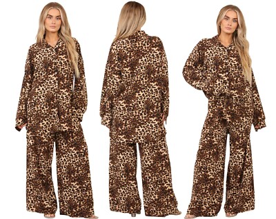 Damen Leopard Loungewear Langarm Tops Shirt Freizeit Lockere Hose Trousers
