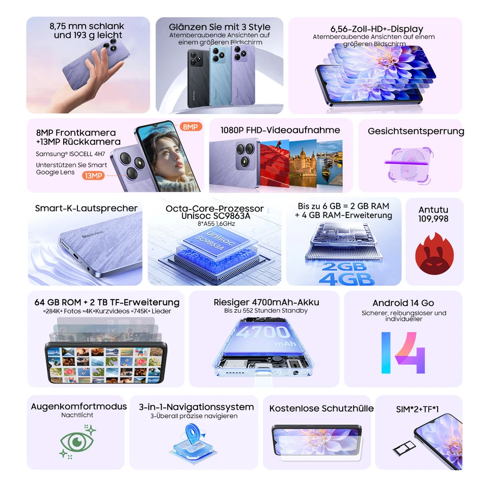 Blackview WAVE 8C Android 14 Smartphone 6GB+64GB 6,5" HD Dual 4G Octa Core Handy - Bild 3 von 4