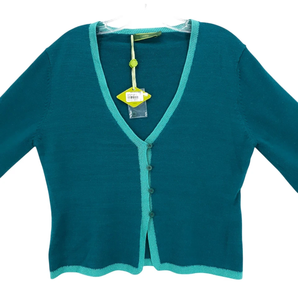 NUEVO CON ETIQUETAS OILILY Cárdigan Verde Azulado Lana Seda Tejido Crochet Contraste Talla GRANDE Foto 2 de 4