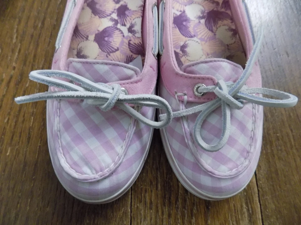 Zapatos de cubierta de barco SPERRY Top-Sider tela BLANCO ROSA guinga corbata de cuero a cuadros 8,5 Foto 3 de 4
