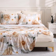 Floral Queen Size Bed Sheet Set 6 Piece Deep Pocket Beige Fitted Sheet Comfy ...