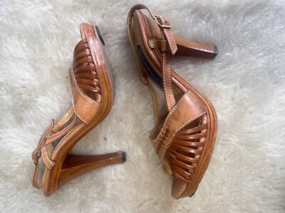 Vintage 70s Wild Pair Brown Leather Stacked Wood Heel Platform