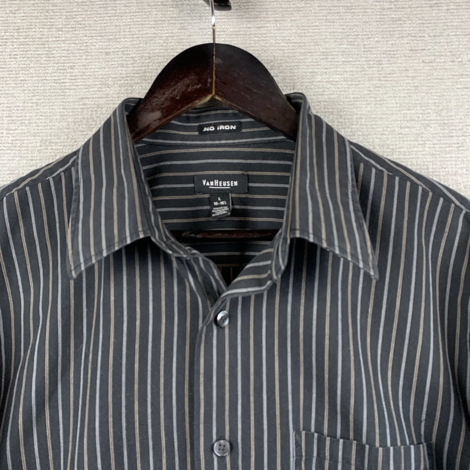 Camisa con botones VAN HEUSEN para hombre talla grande 16-16,5 negra a rayas cuerpo trabajo papá Foto 3 de 4