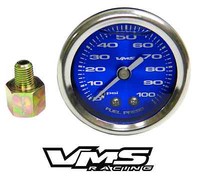 #ad VMS MUSTANG 1 1 2quot; 100PSI BLUE FUEL PRESSURE GAUGE LIQUID FILLED 1 16 NPT TO 1 8 $42.95