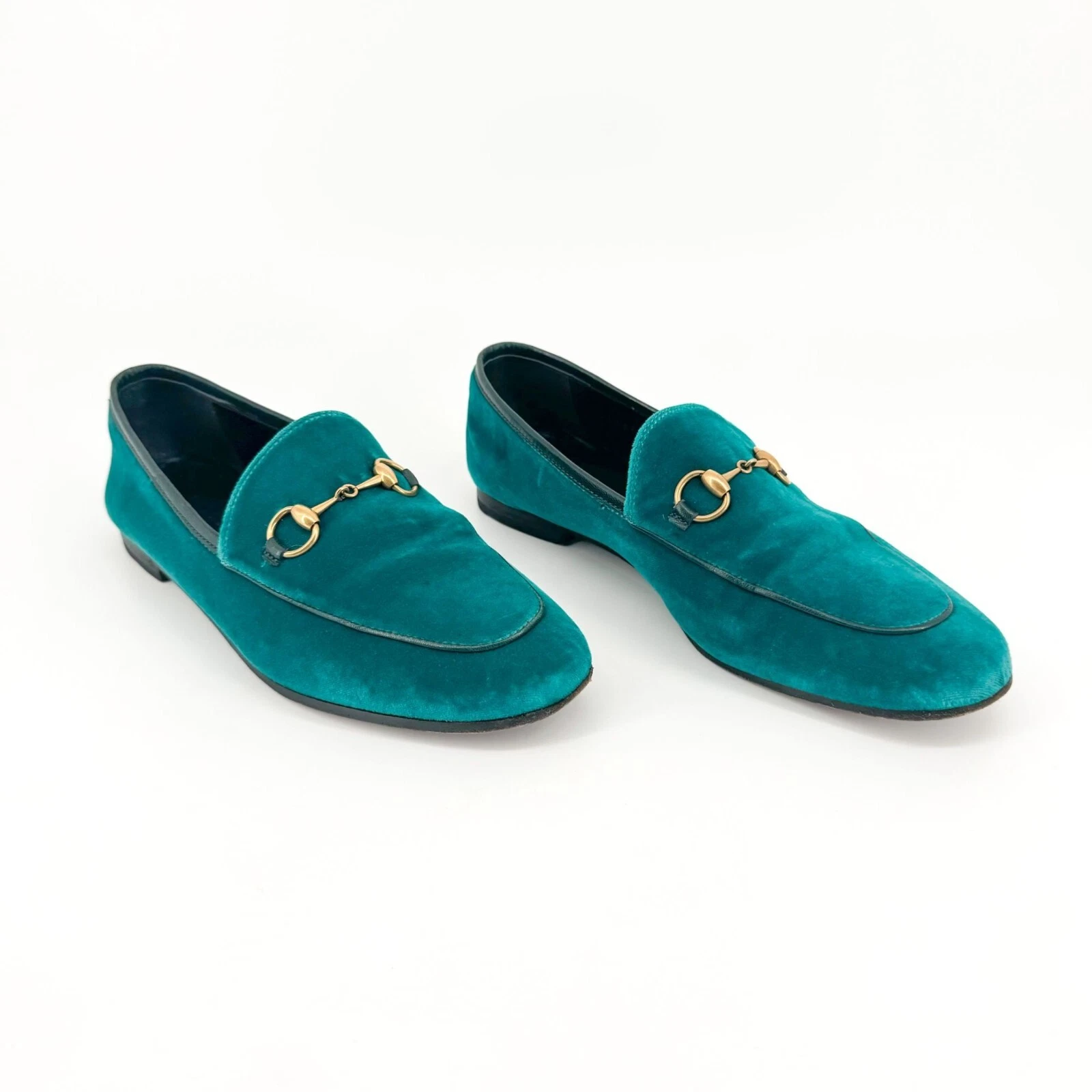 Mocassins Gucci Jordaan Horsebit EU 37 US 7 velours sarcelle boucle plate chaussure vert bleu