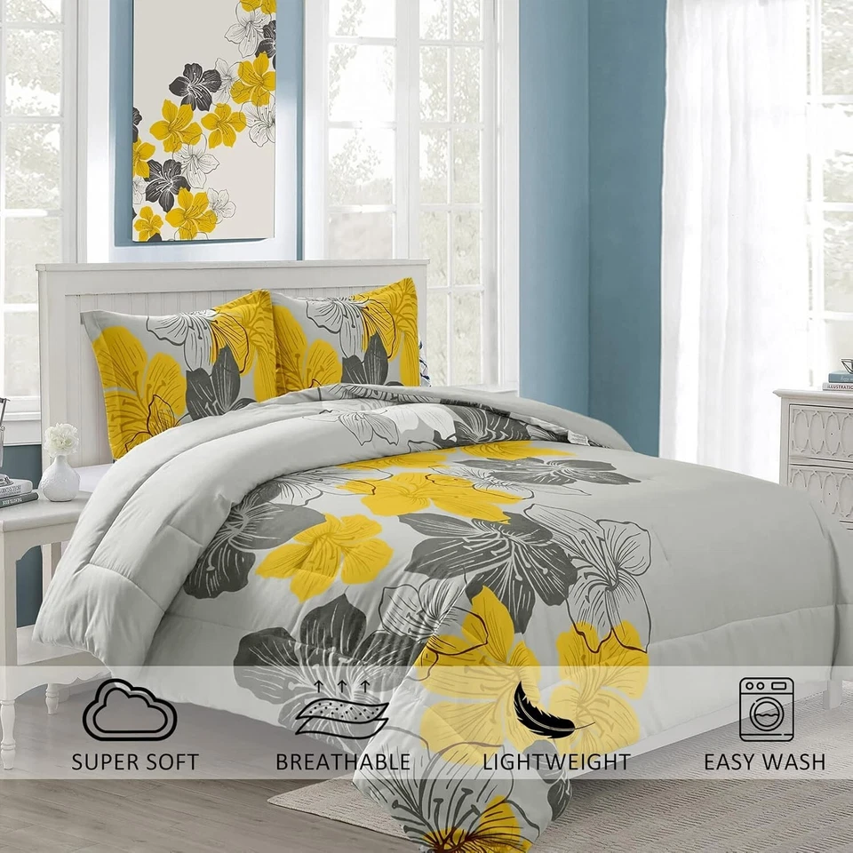 Juego de edredón California King amarillo estampado floral en gris Cal King Be Foto 2 de 4