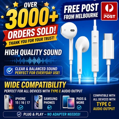 USB Type C Headphones Earphone MIC Headset For Samsung Android iPhone 15 16 17 - image 1 of 4