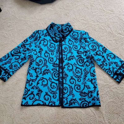 Ming Wang Blue Black Cape Cardigan One Button 3/4 Sleeve Sz XS