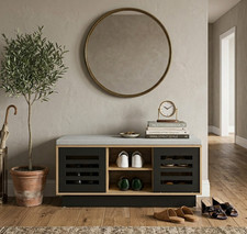 Shoe Bench 6 Compartment Storage Seat Cushion Sliding Door Entryway Wood Natural