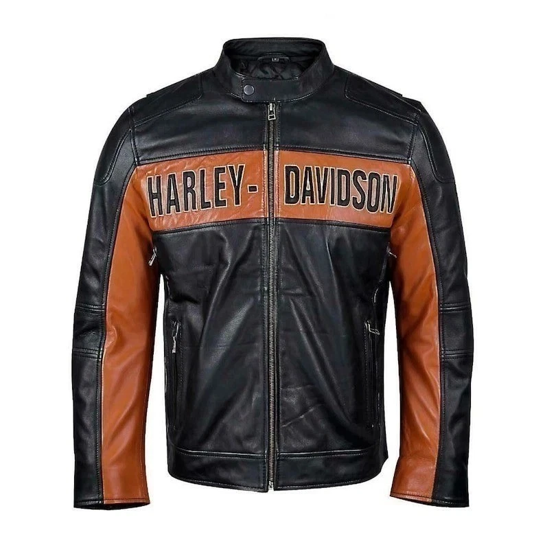 Harley Davidson Men's Black & Orange Genuine Cowhide Leather Motorcycle Jacket
