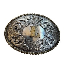 Nocona Belt Buckle Two Tone Initial  L  Silver Plate Floral Filigree