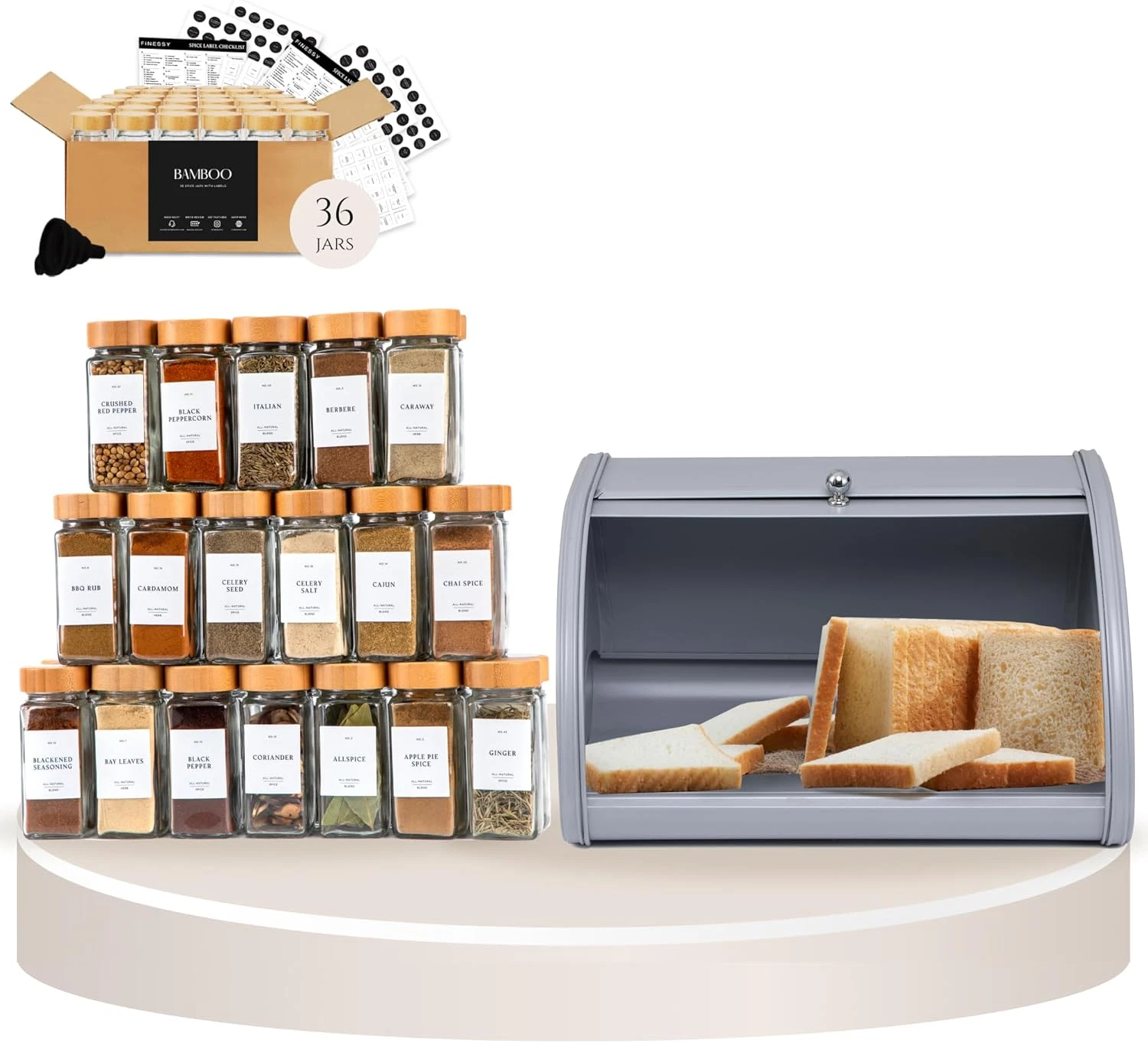 Chic Bread Box & 36 Bamboo Spice Jars with Labels - Perfect Kitchen Bundle