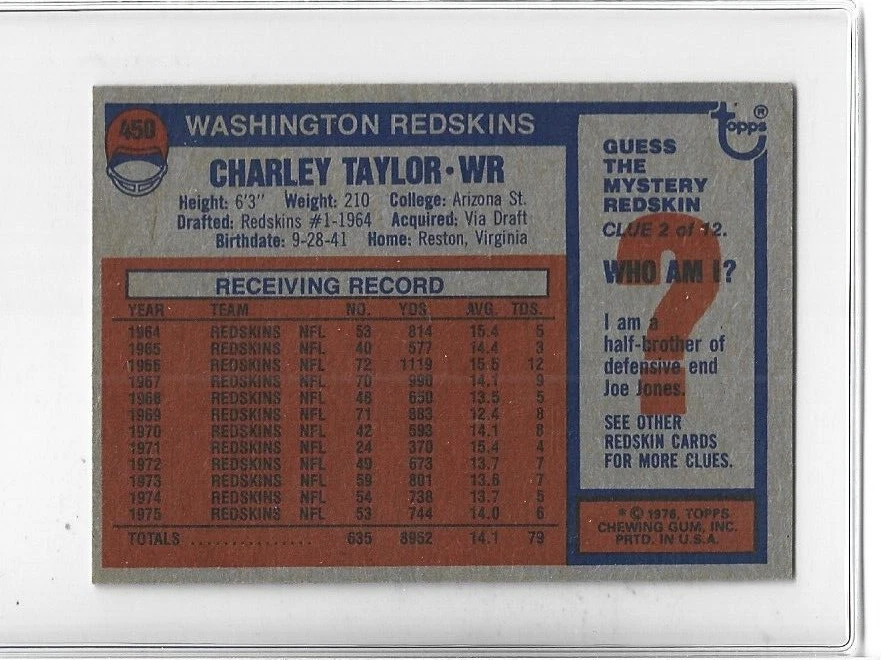 Charley Taylor 1976 Topps Football Card #450-Washington Redskins - Image 2 of 2