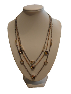 Kenneth Cole Three Triple Strand Multi Silver Gold Amber Necklace New Beautiful!