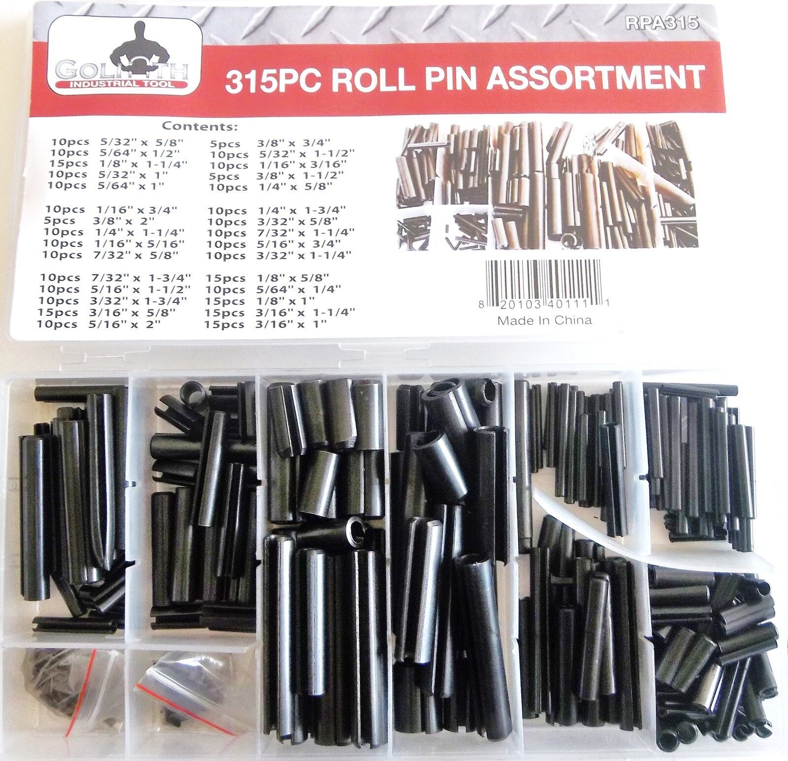 315pc GOLIATH INDUSTRIAL ROLL PIN ASSORTMENT SET 30 DIFFERENT SIZES RPA315 