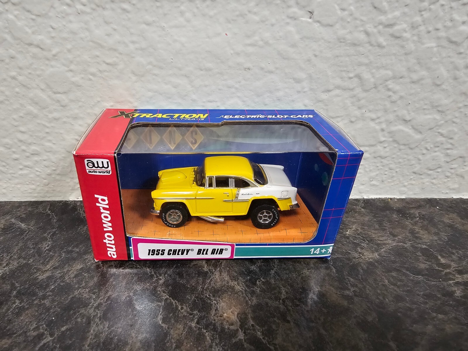 Auto World HO Scale X Traction 1955 Chevy Bel Air Yellow/White Slot Car NIB