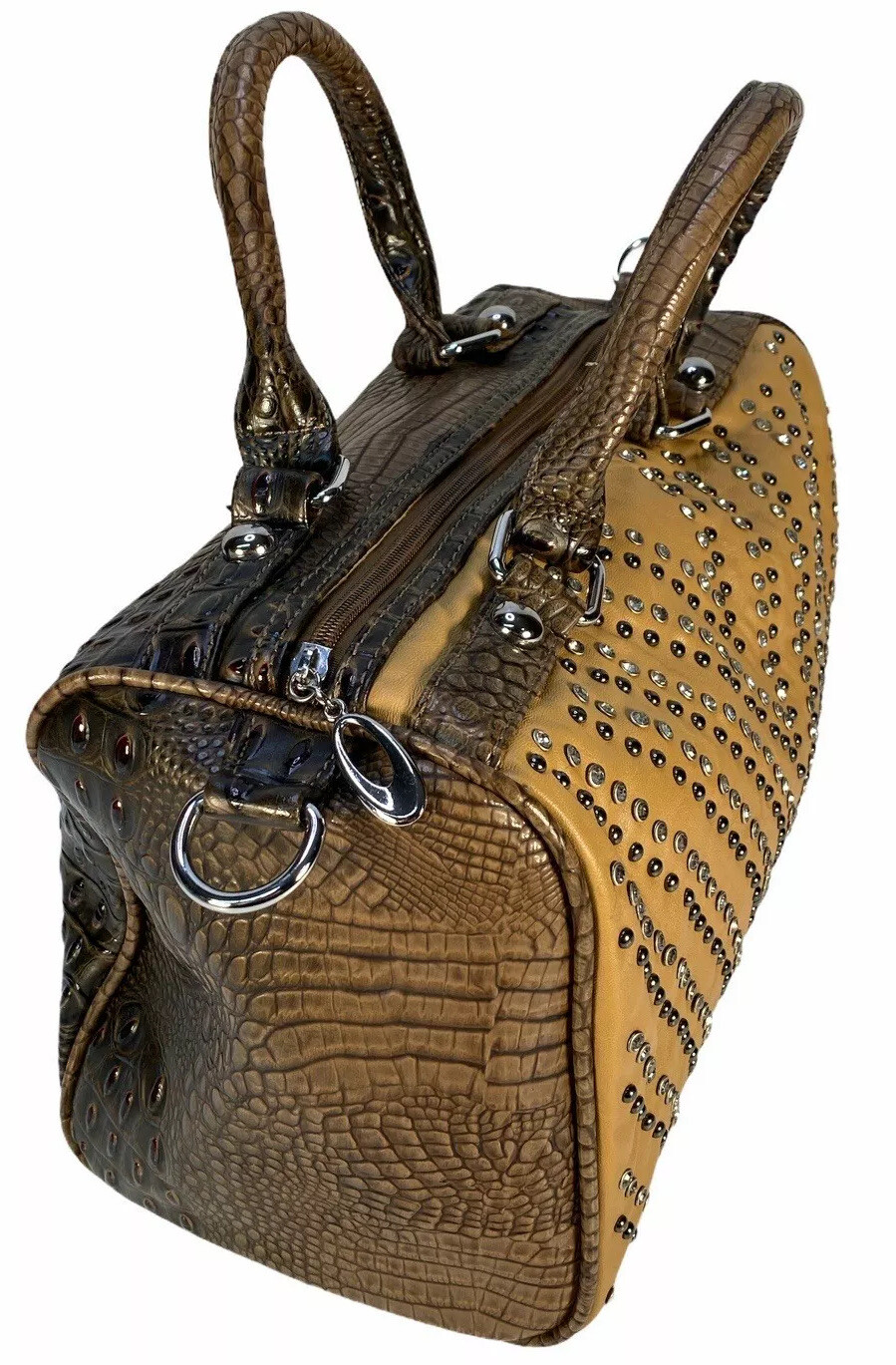 Luxury Crocodile Embossed Handbag with Rhinestone & Metal Studs-image