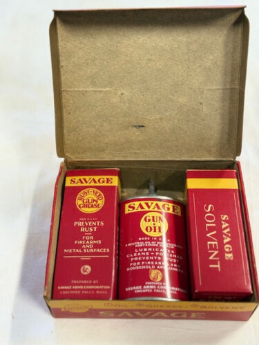 Savage Arms Gun Cleaning Kit Oil Tin Gun Grease Solvent 3pk Vintage Winchester - Picture 3 of 12