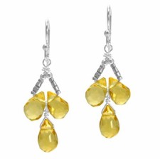 Sterling Silver Faceted Teardrops Three Crystal Wire-Wrapped Earrings, Yellow