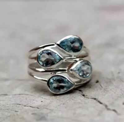 Blue Topaz Gemstone 925 Sterling Silver Statement Handmade Women Gift Ring NJ502
