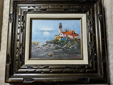 Wallar? "Lighthouse And Beach Landscape Scene" Oil Painting - Signed And Framed