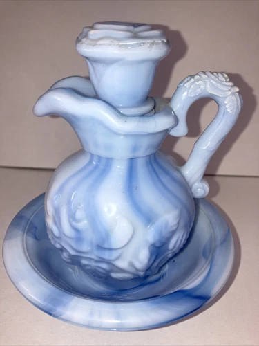 🎀Vintage Avon Blue Milk Glass Pitcher and Bowl Set 1978 Rose Pattern