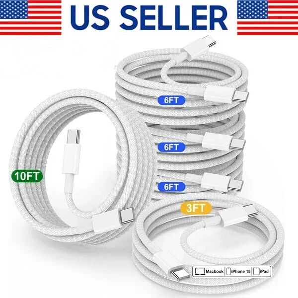 3-Pack Braided TYPE-C to Type-C Fast Charging Data SYNC Charger Cable 3/6/10FT - Image 2 of 4