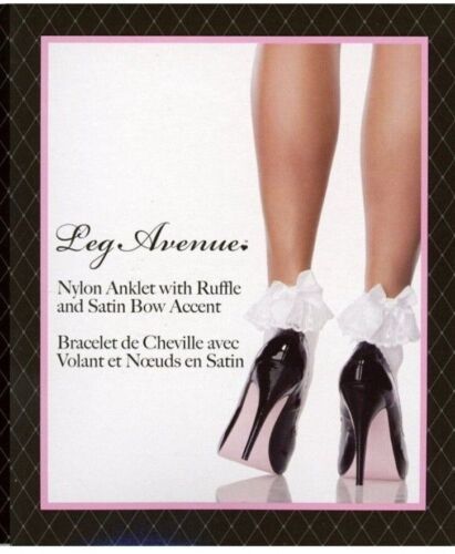 White Anklet Nylon Lace Match or Black Satin Bow Women Reg Socks Leg Avenue 3029 - Picture 1 of 10