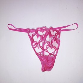 Victoria Secret Panty Thong V String Sheer Pink Hearts Embroidered Dream Angels