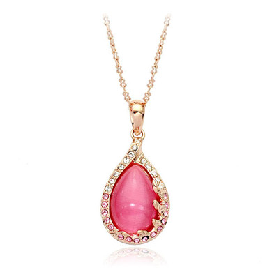  18K ROSE G/P GENUINE CLEAR AUSTRIAN CRYSTAL AND PINK  CAT-EYE  NECKLACE  